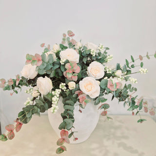 Cream Rose, blush eucalyptus faux floral display in pot complete display exculsive collection nationwide delivery www.lilybloom.ie