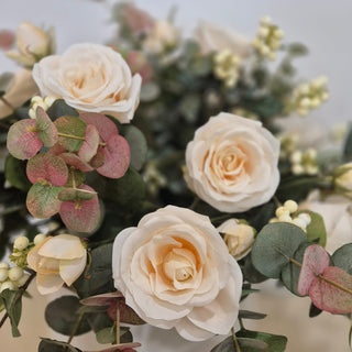 Cream Rose, blush eucalyptus faux floral display in pot complete display exculsive collection nationwide delivery www.lilybloom.ie