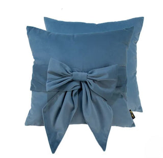 Luxurious Blue Velvet Belle Bow Cushion, 45x45 cm – Soft velvet fabric with an elegant bow detail nationwide delivery www.lilybloom.ie