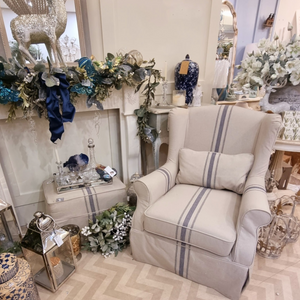 Blue Stripe Linen armchair with Footstool