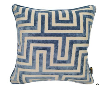 Blue and Off-White Velvet Labyrinth Cushion with intricate maze cut pattern, 43 x 43 nationwide delivery www.lilybloom.ie