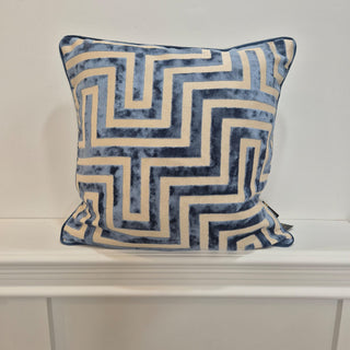 Blue and Off-White Velvet Labyrinth Cushion with intricate maze cut pattern, 43 x 43 nationwide delivery www.lilybloom.ie