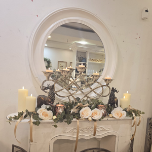 Festive Candleabra with Bronze Stag with Cream Roses