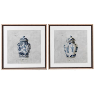 Detailed Chinoiserie urn illustration in elegant blue and white tones, framed and ready to hang. Available to buy online from www.lilybloom.ie