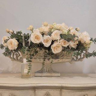 Cream Rose & Eucalyptus Faux Floral Arrangement in Large Ornate Planter