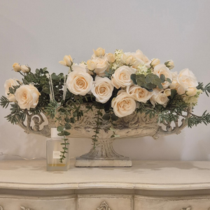 Cream Rose & Eucalyptus Faux Floral Arrangement in Large Ornate Planter