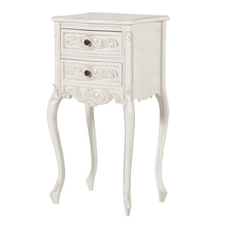 French chic 2-drawer bedside table with elegant carved legs and drawers, available at Lily Bloom Interiors, Gorey, Co. Wexford, and online at www.lilybloom.ie.