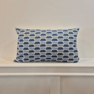 Geovista Blue and Off White Rectangular Cushion with geo print design, featuring soft polyester-linen blend fabric in a stylish blue and off-white color combination, perfect for adding a modern touch to home décor nationwide delivery www.lilybloom.ie