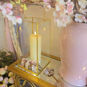 Gold Hurrican Lantern, Candle and floral nationwide delivery www.lilybloom.ie