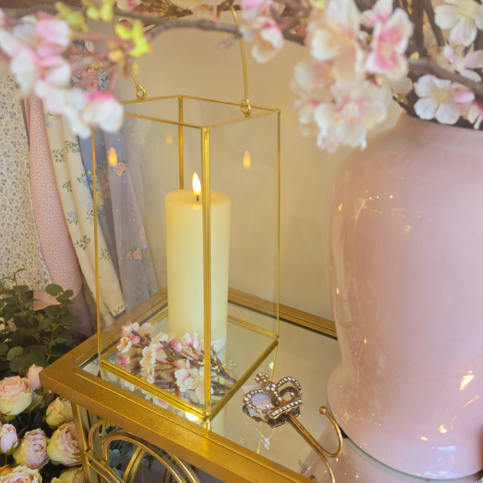 Gold Hurricane Lantern with LED Candle & floral display