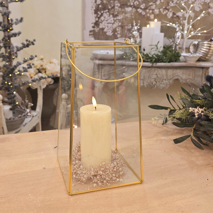 Gold Lantern Display with LED candle and Beaded Candle Ring