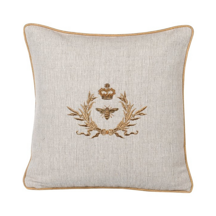 Hand Embroidered Gold Bee Emblem Cotton Cushion Cover