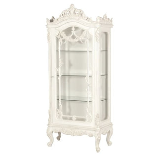 Madame Du Barry Display Cabinet from Lily Bloom—handcrafted off-white French-style cabinet with intricate carvings, glass-paneled door, and elegant crown detailing. Dimensions: H:2000mm, W:830mm, D:440mm. Available at www.lilybloom.ie and in-store at Lily Bloom Interiors, Gorey, Co. Wexford.