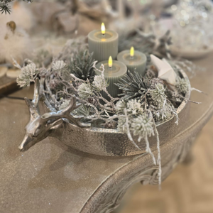 Nickel Stag Dish with  Christmas pine foliage and Sage Green LED Candles