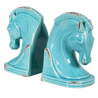 Ceramic horse head bookends with intricate detailing in a calming blue glaze - available to buy online or instore from www.lilybloom.ie