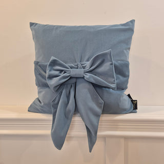 Luxurious Blue Velvet Belle Bow Cushion, 45x45 cm – Soft velvet fabric with an elegant bow detail nationwide delivery www.lilybloom.ie