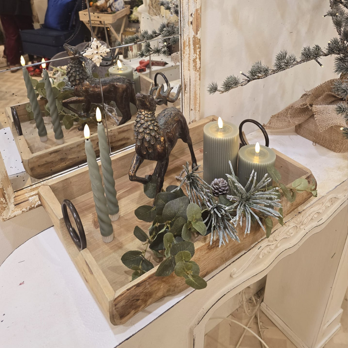 Wooden Tray, candle and Bronze Stag display