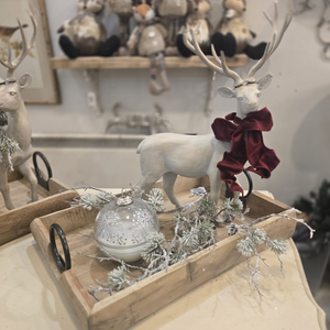 Wooden tray with stag Christmas greenery and large bauble candle