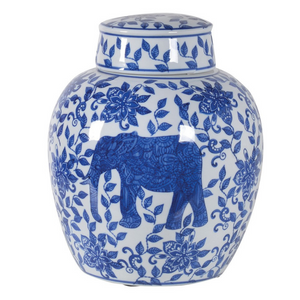 Blue and White Elephant Ceramic Jar nationwide delivery www.lilybloom.ie